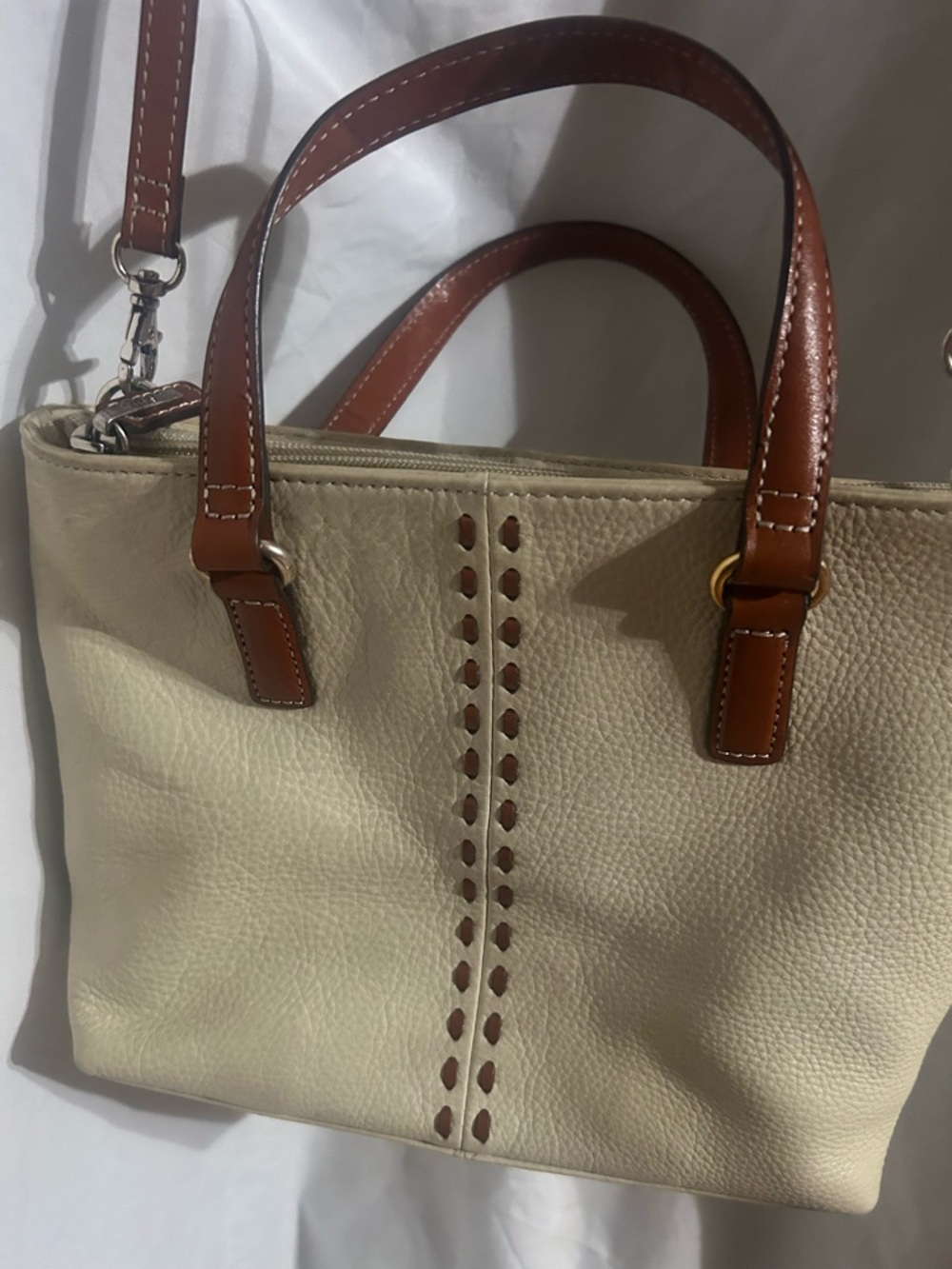 Fossil Cream Leather Tote with Brown Trim and Handles